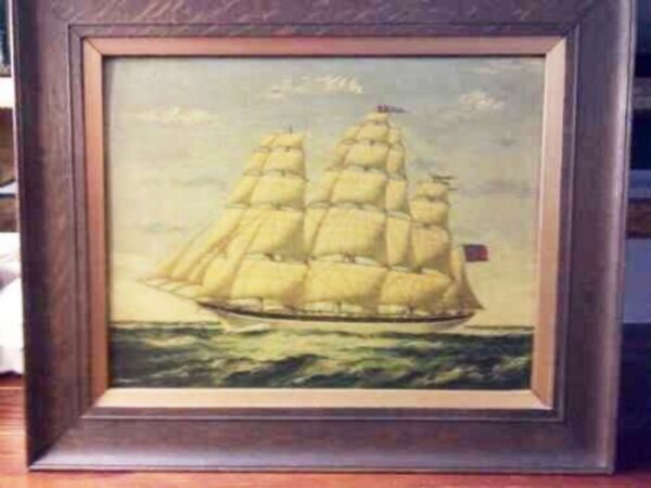 Marine Oil Painting On Panel Of Three Masted Merchant Naval Schooner Named Panay