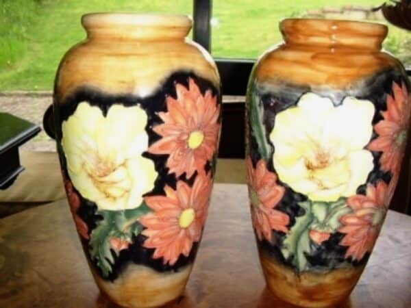 Pair Porcelain Glazed Florian Ware Antique Vases