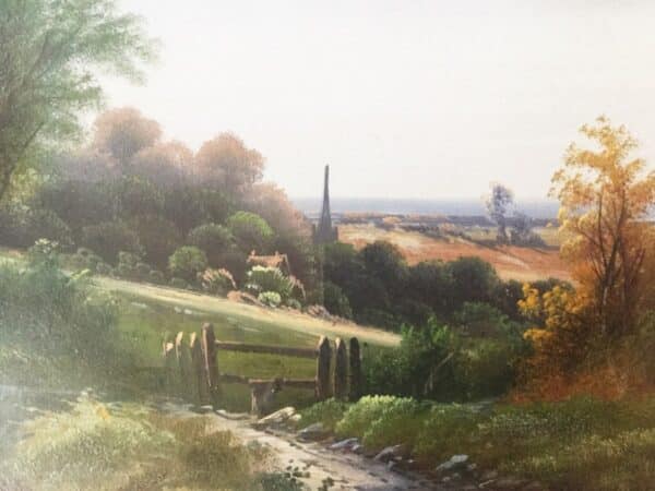Fine Antique Art English Countryside Landscape Acrylic Oil Painting On Board Under Glass Countryside Pictures In Gilt Frames - Image 5