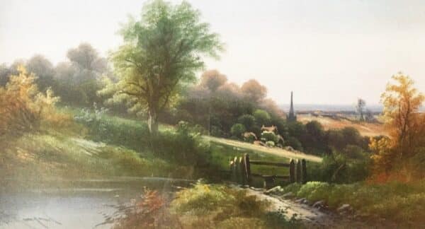 Fine Antique Art English Countryside Landscape Acrylic Oil Painting On Board Under Glass Countryside Pictures In Gilt Frames - Image 4