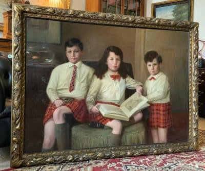 Scottish Family Antique Portrait Painting Of Children Wearing Red Tartan Kilts Huge Oil Portrait Painting Antique Art 3
