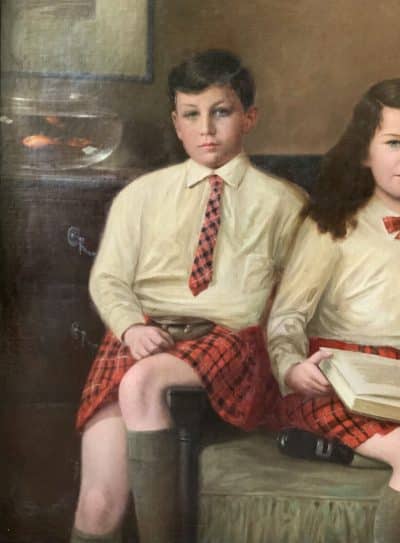 Scottish Family Antique Portrait Painting Of Children Wearing Red Tartan Kilts Huge Oil Portrait Painting Antique Art 13