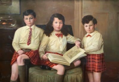 Scottish Family Antique Portrait Painting Of Children Wearing Red Tartan Kilts Huge Oil Portrait Painting Antique Art 4