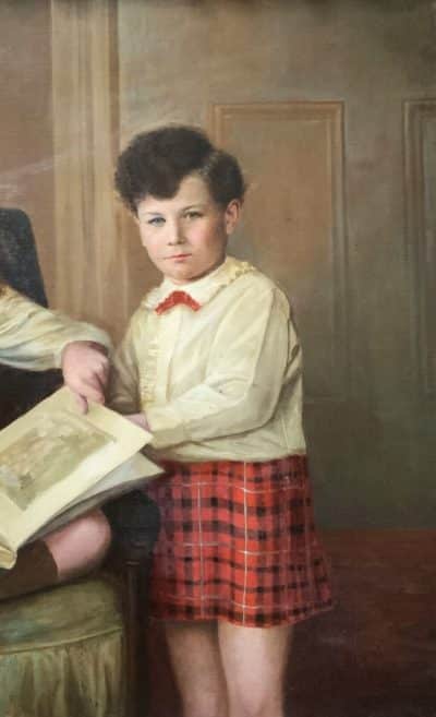 Scottish Family Antique Portrait Painting Of Children Wearing Red Tartan Kilts Huge Oil Portrait Painting Antique Art 5