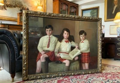 Scottish Family Antique Portrait Painting Of Children Wearing Red Tartan Kilts Huge Oil Portrait Painting Antique Art 8