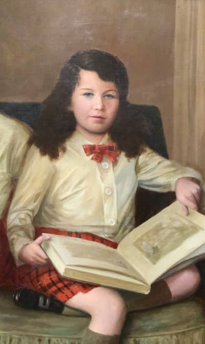 Scottish Family Antique Portrait Painting Of Children Wearing Red Tartan Kilts - Image 7