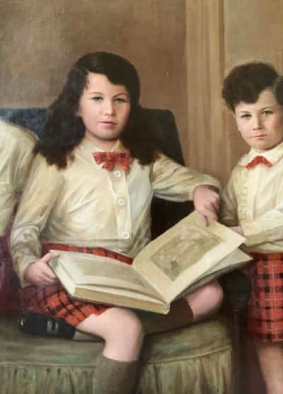 Scottish Family Antique Portrait Painting Of Children Wearing Red Tartan Kilts Huge Oil Portrait Painting Antique Art 11