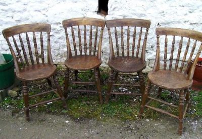 SOLD Set of four rare Scottish Victorian burr elm kitchen chairs 19th century Antique Chairs 3
