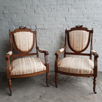 Pair French 19th cent carved open armchairs.