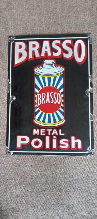 AN ENAMELLED ADVERTISING SIGN. BRASSO--GOOD OLD BRASSO!