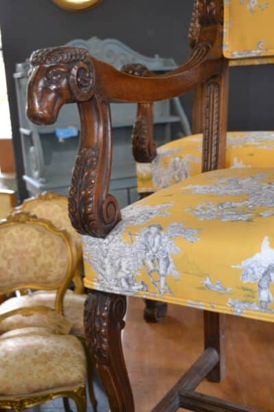 Pair of French Armchairs in Gold Toile de Jouy fabric - Image 2
