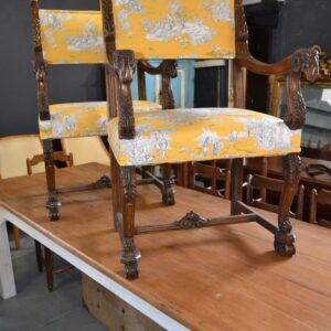 Pair of French Armchairs in Gold Toile de Jouy fabric Antique Chairs