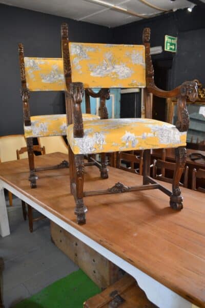 Pair of French Armchairs in Gold Toile de Jouy fabric