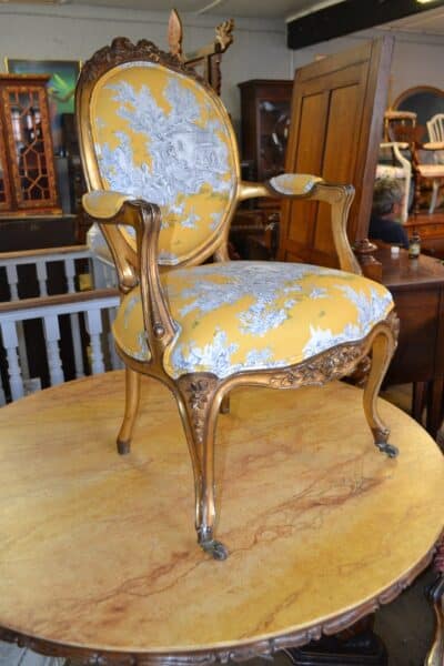 French Gilt Fauteuil upholstered in Gold Toile de Jouy fabric - Image 2