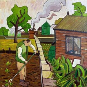 Original oil on canvas ‘The allotment’ by Chris Cyprus. Signed and dated 2006. Antique Art