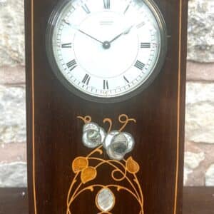 Art Nouveau Mahogany Edwardian Timepiece Clock MOP Tulip Inlay art nouveau Antique Clocks