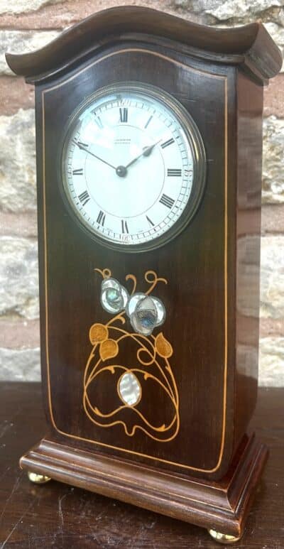 Art Nouveau Mahogany Edwardian Timepiece Clock MOP Tulip Inlay - Image 3