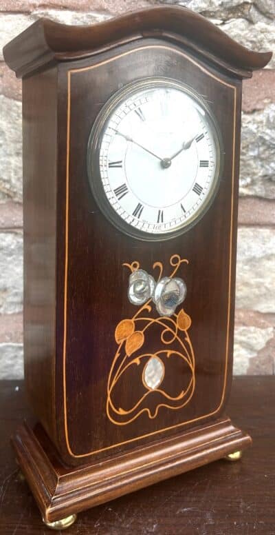 Art Nouveau Mahogany Edwardian Timepiece Clock MOP Tulip Inlay - Image 4
