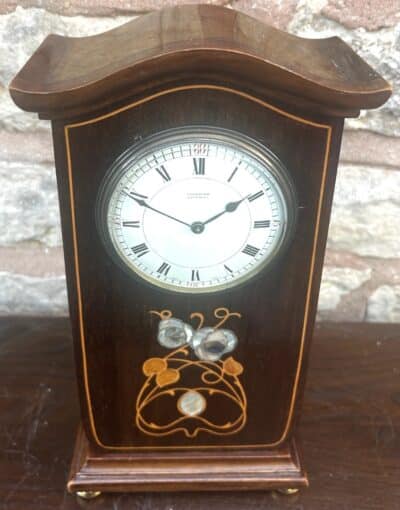 Art Nouveau Mahogany Edwardian Timepiece Clock MOP Tulip Inlay - Image 5