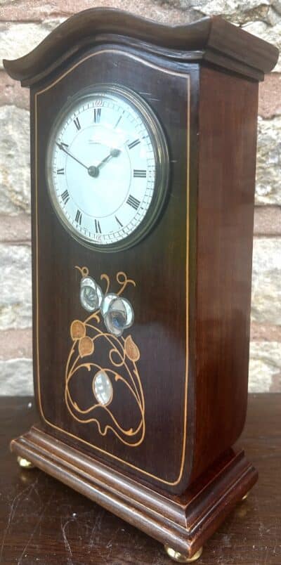 Art Nouveau Mahogany Edwardian Timepiece Clock MOP Tulip Inlay - Image 6