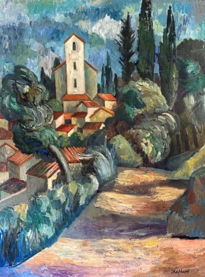 Original oil on board ‘St Maurice, Provence’ by Toby Horne Shepherd 1909-1993. Signed. Circa 1965. Exhibited Mall Galleries. Antique Art 4
