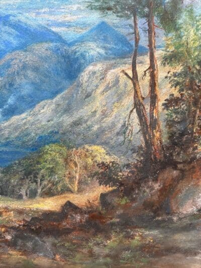 Original oil pastel ‘Mountain scene with figure and cattle. Unsigned. Framed and mounted. Unglazed. Antique Art 7