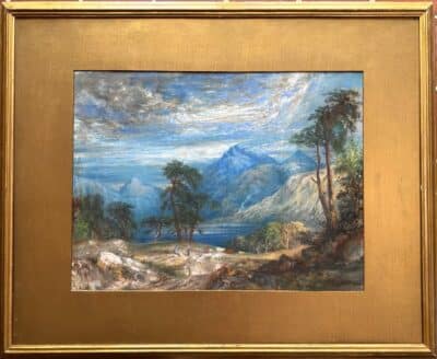 Original oil pastel ‘Mountain scene with figure and cattle. Unsigned. Framed and mounted. Unglazed. Antique Art 4