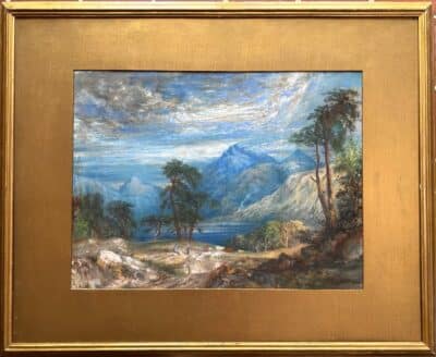 Original oil pastel 'Mountain scene with figure and cattle. Unsigned. Framed and mounted. Unglazed. - Image 2