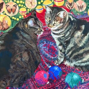 Original gouache ‘Cats on a red rug’ by Norma Jameson ROI. B.1933. Unframed. Antique Art