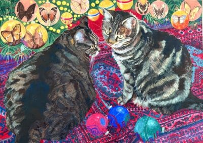 Original gouache 'Cats on a red rug' by Norma Jameson ROI. B.1933. Unframed.