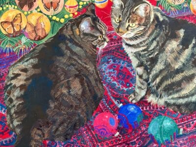 Original gouache 'Cats on a red rug' by Norma Jameson ROI. B.1933. Unframed. - Image 3