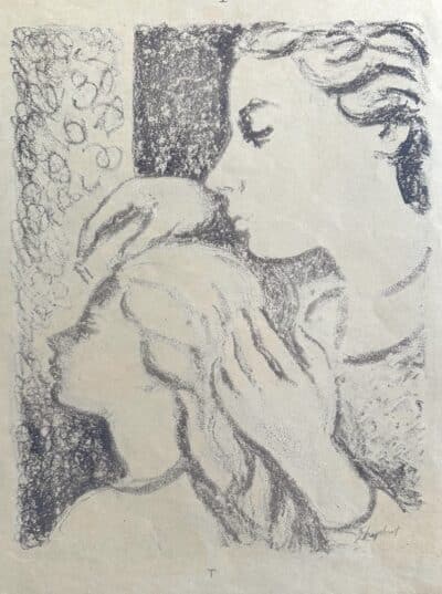 Original lithograph of a mother combing her daughters hair by Toby Horne Shepherd 1909-93. Signed. C.1955. Unframed. 14" x 10".