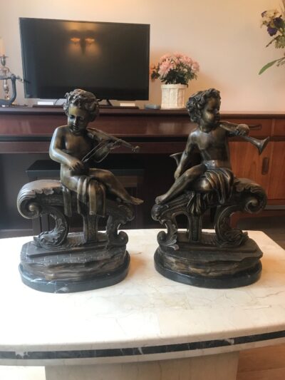 Large Pair Bronze Cherub Musicians On Black Marble Plinths - Image 15