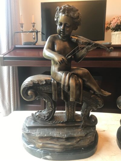 Large Pair Bronze Cherub Musicians On Black Marble Plinths - Image 16