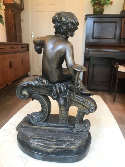 Large Pair Bronze Cherub Musicians On Black Marble Plinths - Image 6