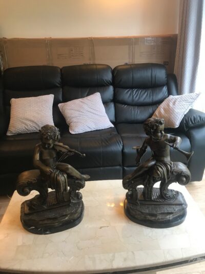 Large Pair Bronze Cherub Musicians On Black Marble Plinths - Image 12