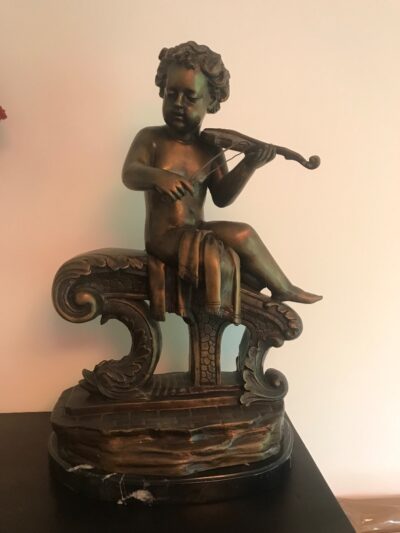 Large Pair Bronze Cherub Musicians On Black Marble Plinths - Image 5