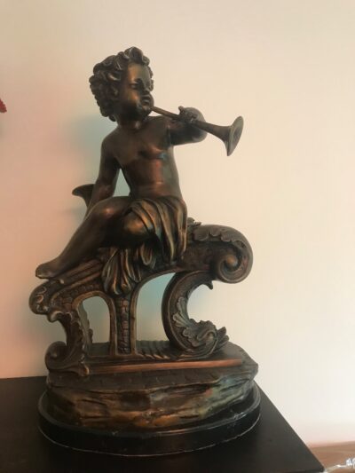 Large Pair Bronze Cherub Musicians On Black Marble Plinths - Image 7