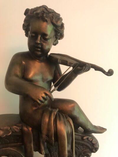 Large Pair Bronze Cherub Musicians On Black Marble Plinths - Image 9