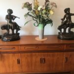 Large Pair Bronze Cherub Musicians On Black Marble Plinths cherubs Bronzes Silver Metals