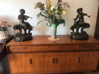 Large Pair Bronze Cherub Musicians On Black Marble Plinths