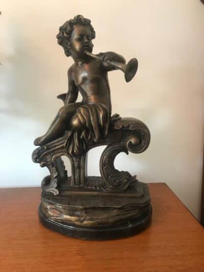 Large Pair Bronze Cherub Musicians On Black Marble Plinths - Image 3