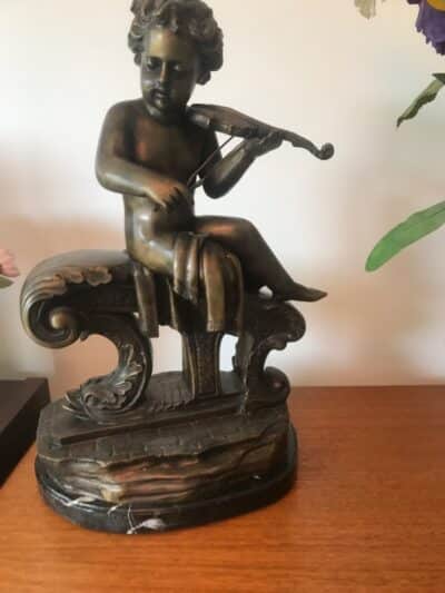 Large Pair Bronze Cherub Musicians On Black Marble Plinths - Image 2