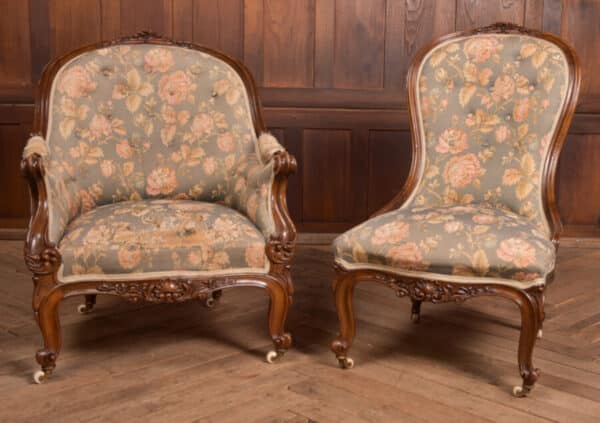 Victorian Walnut His & Her Parlour Chairs SAI2471