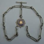 Silver Double Albert Watch Chain Rare Trombone Links & Silver Gold Shield Fob pocket watch silver albert Antique Necklaces