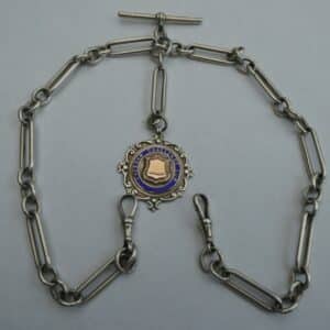Silver Double Albert Watch Chain Rare Trombone Links & Silver Gold Shield Fob pocket watch silver albert Antique Necklaces