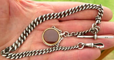 Bloodstone Silver Fob With Solid Silver Pocket Watch Chain T-bar & Lobster Clip Circa 1906 - Image 2