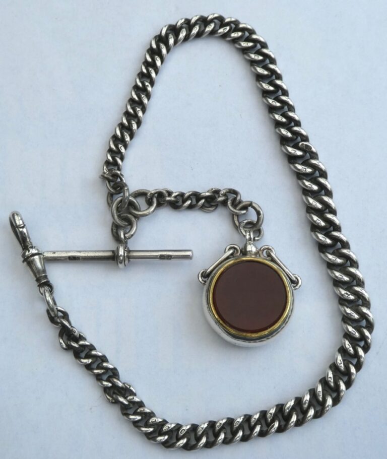Bloodstone Silver Fob With Solid Silver Pocket Watch Chain T-bar & Lobster Clip Circa 1906 Antique Silver Antique Bracelets Bloodstone Silver Fob With Solid Silver Pocket Watch Chain T-bar & Lobster Clip Circa 1906