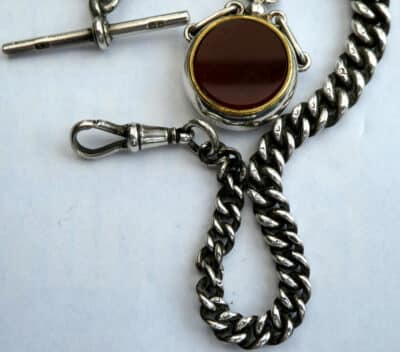 Bloodstone Silver Fob With Solid Silver Pocket Watch Chain T-bar & Lobster Clip Circa 1906 - Image 3