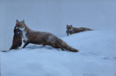 Charles Whymper (1853-1941), Foxes in the snow with their kill. Antique Art 3